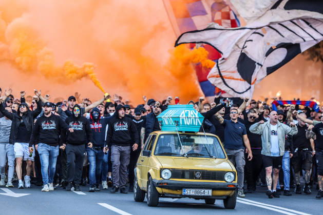 Corteo of Torcida, supporters of Hajduk Split Toricida, supporters of Hajduk Split, on their way to Poljud Stadium ahead of the UEFA Conference League match between HNK Hajduk Split and Ajax, in Split, Croatia, on October 15, 2026.  IvanaxIvanovic PIXSELL