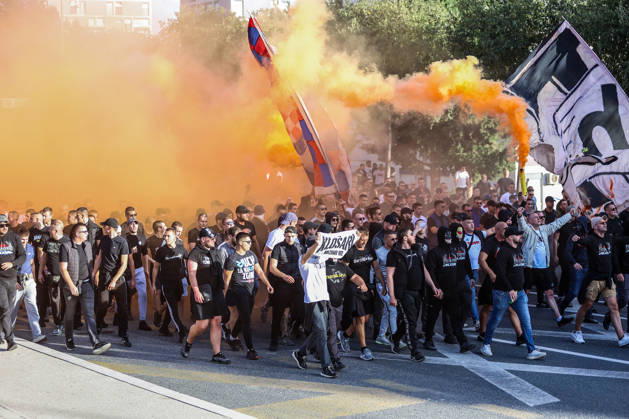 Corteo of Torcida, supporters of Hajduk Split Toricida, supporters of Hajduk Split, on their way to Poljud Stadium ahead of the UEFA Conference League match between HNK Hajduk Split and Ajax, in Split, Croatia, on October 15, 2026.  IvanaxIvanovic PIXSELL