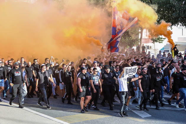 Corteo of Torcida, supporters of Hajduk Split Toricida, supporters of Hajduk Split, on their way to Poljud Stadium ahead of the UEFA Conference League match between HNK Hajduk Split and Ajax, in Split, Croatia, on October 15, 2026.  IvanaxIvanovic PIXSELL