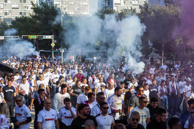 Corteo of Torcida, supporters of Hajduk Split Toricida, supporters of Hajduk Split, on their way to Poljud Stadium ahead of the UEFA Conference League match between HNK Hajduk Split and Ajax, in Split, Croatia, on October 15, 2026.  IvanaxIvanovic PIXSELL