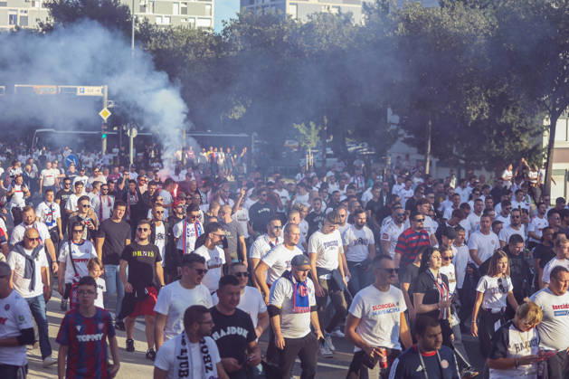 Corteo of Torcida, supporters of Hajduk Split Toricida, supporters of Hajduk Split, on their way to Poljud Stadium ahead of the UEFA Conference League match between HNK Hajduk Split and Ajax, in Split, Croatia, on October 15, 2026.  IvanaxIvanovic PIXSELL