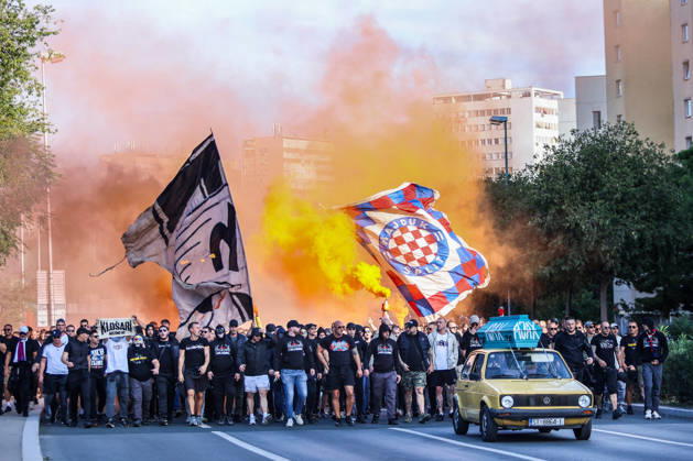 Corteo of Torcida, supporters of Hajduk Split Toricida, supporters of Hajduk Split, on their way to Poljud Stadium ahead of the UEFA Conference League match between HNK Hajduk Split and Ajax, in Split, Croatia, on October 15, 2026.  IvanaxIvanovic PIXSELL