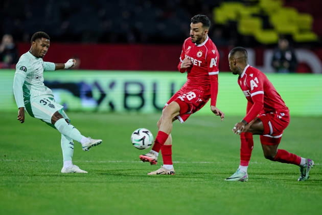 Football - UEFA Conference League - Round 1 - PFC CSKA Sofia - AS Monaco - 15.10.2026 Ansu Fati, 31 of AS Monaco FC and Ioannis Pittas, 28 of PFC CSKA Sofia during UEFA Conference League - Round 1 match between PFC CSKA Sofia and AS Monaco at Vasil Levski Stadium in Sofia, Bulgaria, on October 15th, 2026 in Sofia, Bulgaria. Bulgaria Copyright: xYulianxTodorovx