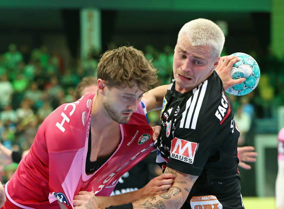 October 15, 2026, xovx, Opel Handball Bundesliga, HSG Wetzlar vs. HC Erlangen, Niklas Theiß (HSG Wetzlar), Marek Nissen (HC Erlangen), Wetzlar, Buderus Arena, Hesse, Germany, DE