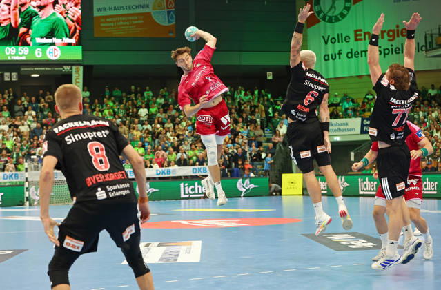 October 15, 2026, xovx, Opel Handball Bundesliga, HSG Wetzlar vs. HC Erlangen: Sander Överjordet (HC Erlangen), Niklas Theiß (HSG Wetzlar), Marek Nissen (HC Erlangen), Maciej Gebala (HC Erlangen), Wetzlar Buderus Arena, Hesse, Germany, DE