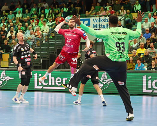 October 15, 2026, xovx, Opel Handball Bundesliga, HSG Wetzlar vs. HC Erlangen: Sebastian Firnhaber (HC Erlangen), Nikolaj Laesö (HSG Wetzlar), Christoph Steinert (HC Erlangen), Rubens Pierre (HC Erlangen); Wetzlar, Buderus Arena, Hesse, Germany, DE
