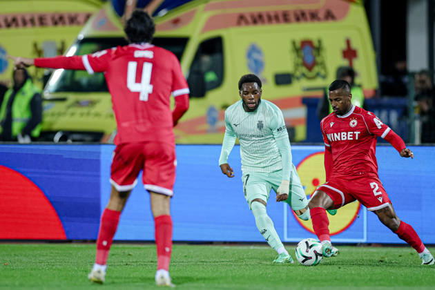 Football - UEFA Conference League - Round 1 - PFC CSKA Sofia - AS Monaco - 15.10.2026 Pastor Pastor, 2 of PFC CSKA Sofia and Stanis Idumbo, 17 of AS Monaco FC during UEFA Conference League - Round 1 match between PFC CSKA Sofia and AS Monaco at Vasil Levski Stadium in Sofia, Bulgaria, on October 15th, 2026 in Sofia, Bulgaria. Bulgaria Copyright: xYulianxTodorovx