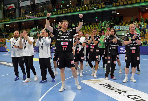 October 15, 2026, xovx, Opel Handball Bundesliga, HSG Wetzlar vs. HC Erlangen The HC Erlangen players celebrate their 34–30 victory in Wetzlar Wetzlar Buderus Arena Hesse Germany DE