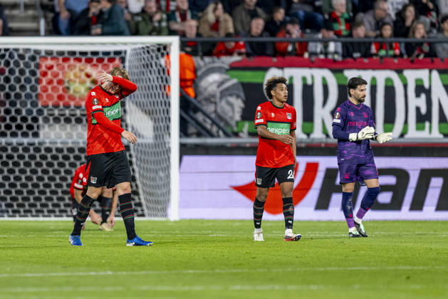 NIJMEGEN l NEC Nijmegen defender Perr Schuurs, NEC Nijmegen midfielder Noe Lebreton and NEC Nijmegen goalkeeper Gonzalo Crettaz look dejected after the goal scored by Levski Sofia forward Reinaldo (0–1) during the UEFA Europa League match between NEC and Levski Sofia at Stadion De Goffert on October 15, 2026, in Nijmegen , the Netherlands. Photo by DeFodi Images