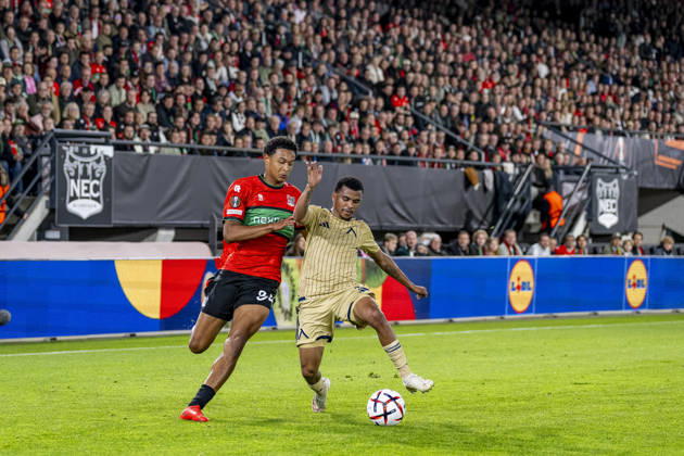 NIJMEGEN l NEC Nijmegen forward Kevin Kers and Levski Sofia defender Maicon during the UEFA Europa League match between NEC and Levski Sofia at Stadion De Goffert on October 15, 2026, in Nijmegen, the Netherlands. Photo by DeFodi Images