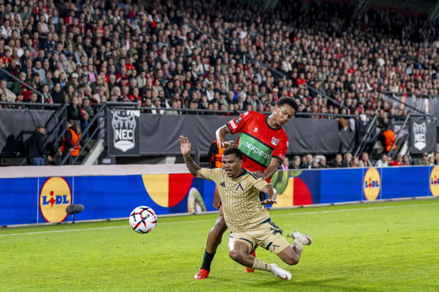 NIJMEGEN l NEC Nijmegen forward Kevin Kers and Levski Sofia defender Maicon during the UEFA Europa League match between NEC and Levski Sofia at Stadion De Goffert on October 15, 2026, in Nijmegen, the Netherlands. Photo by DeFodi Images