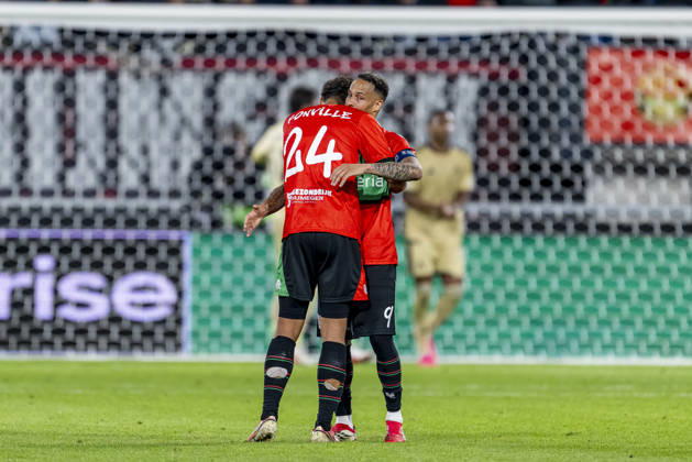 NIJMEGEN — NEC Nijmegen forward Kevin Kers and NEC Nijmegen forward Tjaronn Chery celebrate the 1-1 tie during the UEFA Europa League match between NEC and Levski Sofia at Stadion De Goffert on October 15, 2026, in Nijmegen, the Netherlands. Photo by DeFodi Images
