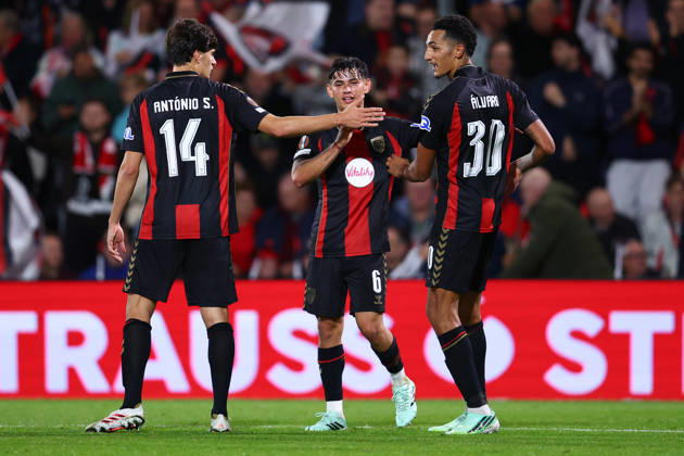 Bournemouth, England, 15th October 2026. Alvaro Rodriguez (R) of AFC Bournemouth celebrates after scoring to make it 3-0 during the AFC Bournemouth vs Sturm Graz UEFA Europa League match at the Vitality Stadium, Bournemouth. Picture credit should read: Paul Terry Sportimage EDITORIAL USE ONLY. No use with unauthorised audio, video, data, fixture lists, club league logos or live services. Online in-match use limited to 120 images, no video emulation. No use in betting, games or single club league player publications. SPI_086_PT_Bournemouth_Sturm_Graz SPI-5072-0086