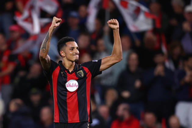 Bournemouth, England, 15th October 2026. Alvaro Rodriguez (R) of AFC Bournemouth celebrates after scoring to make it 3-0 during the AFC Bournemouth vs Sturm Graz UEFA Europa League match at the Vitality Stadium, Bournemouth. Picture credit should read: Paul Terry Sportimage EDITORIAL USE ONLY. No use with unauthorised audio, video, data, fixture lists, club league logos or live services. Online in-match use limited to 120 images, no video emulation. No use in betting, games or single club league player publications. SPI_087_PT_Bournemouth_Sturm_Graz SPI-5072-0087