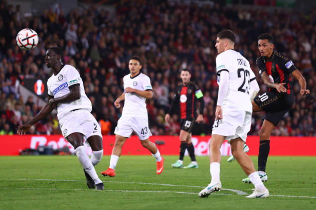 Bournemouth, England, 15th October 2026. Alvaro Rodriguez of AFC Bournemouth shoots at goal but fails to score during the AFC Bournemouth vs Sturm Graz UEFA Europa League match at the Vitality Stadium, Bournemouth. Picture credit should read: Paul Terry Sportimage EDITORIAL USE ONLY. No use with unauthorised audio, video, data, fixture lists, club league logos or live services. Online in-match use limited to 120 images, no video emulation. No use in betting, games or single club league player publications. SPI_115_PT_Bournemouth_Sturm_Graz SPI-5072-0115