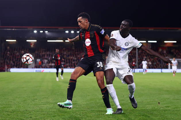 Bournemouth, England, 15th October 2026. Alvaro Rodriguez of AFC Bournemouth and Joshua Quarshie of Sturm Graz challenge for the ball during the AFC Bournemouth vs Sturm Graz UEFA Europa League match at the Vitality Stadium, Bournemouth. Picture credit should read: Paul Terry Sportimage EDITORIAL USE ONLY. No use with unauthorised audio, video, data, fixture lists, club league logos or live services. Online in-match use limited to 120 images, no video emulation. No use in betting, games or single club league player publications. SPI_122_PT_Bournemouth_Sturm_Graz SPI-5072-0122