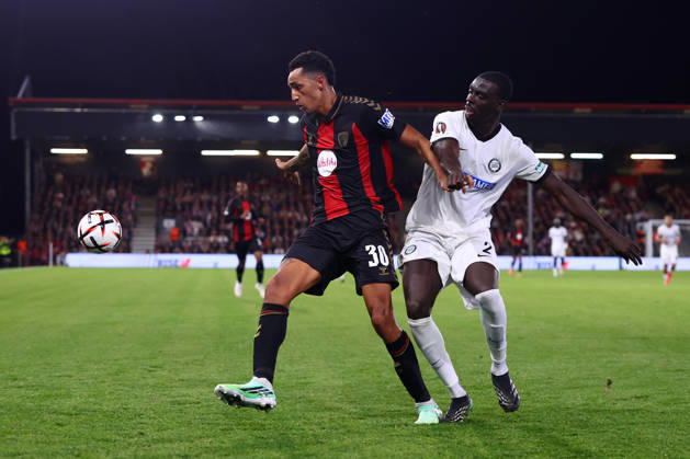 Bournemouth, England, 15th October 2026. Alvaro Rodriguez of AFC Bournemouth and Joshua Quarshie of Sturm Graz challenge for the ball during the AFC Bournemouth vs Sturm Graz UEFA Europa League match at the Vitality Stadium, Bournemouth. Picture credit should read: Paul Terry Sportimage EDITORIAL USE ONLY. No use with unauthorised audio, video, data, fixture lists, club league logos or live services. Online in-match use limited to 120 images, no video emulation. No use in betting, games or single club league player publications. SPI_123_PT_Bournemouth_Sturm_Graz SPI-5072-0123