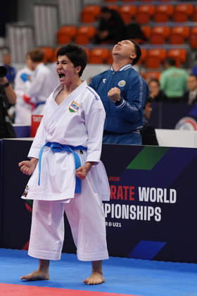 2026 World Cadet, Junior & U21, U 21 Karate Championships BIELSKO-BIALA, POLAND - OCTOBER 16: Javokhir Djakhangirov of Uzbekistan reacts after winning the cadet male individual kata semi-final at the 2026 World Cadet, Junior & U21 Karate Championships at Hala Pod Debowcem on October 16, 2026 in Bielsko-Biala, Poland. Bielsko-Biala Hala Pod Debowcem Poland Copyright: x2026xKaratexInsights PSxImagesxMartinxKremser KaratexInsightsx