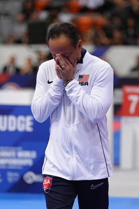 2026 World Cadet, Junior & U21, U 21 Karate Championships BIELSKO-BIALA, POLAND - OCTOBER 16: John Limcaco, Coach of the United States, reacts after the cadet male individual kata semi-final at the 2026 World Cadet, Junior & U21 Karate Championships at Hala Pod Debowcem on October 16, 2026 in Bielsko-Biala, Poland. Bielsko-Biala Hala Pod Debowcem Poland Copyright: x2026xKaratexInsights PSxImagesxMartinxKremser KaratexInsightsx