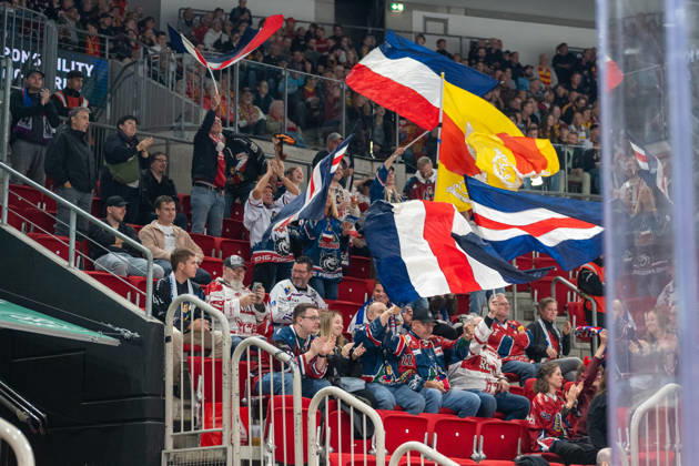 Freiburg fans cheer the goal that made it 2–1. DEG vs. EHC Freiburg, Ice Hockey, DEL2, Matchday 9, 2026–2027 Season, October 16, 2026, DEG vs. EHC Freiburg, Ice Hockey, DEL2, Matchday 9, 2026–2027 Season, October 16, 2026, Düsseldorf Copyright: xEibner-Pressefoto ThomasxHaeslerx EP_THR