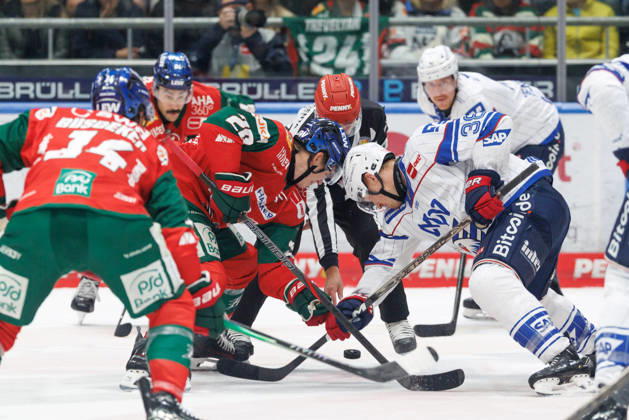 Philipp Krauss, 20, of the Augsburger Panther, and Patrick Brown, 38, of the Adler Mannheim, during the game between the Augsburger Panther and the Adler Mannheim, men s ice hockey, DEL, 2026–2027, Matchday 9 on October 16, 2026, in Augsburg, Curt Frenzel Stadium, Bavaria, Germany