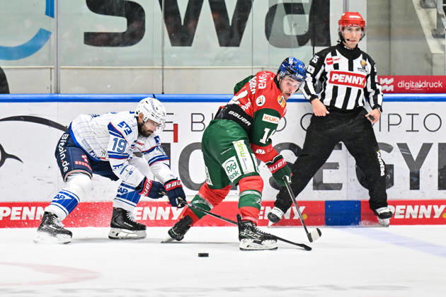 Penny DEL: Augsburger Panther vs. Adler Mannheim, October 16, 2026, AUGSBURG, GERMANY, October 16: Luke ESPOSITO of Adler Mannheim (No. 19) and D. J. BUSDEKER of the Augsburger Panther (No. 14) face off during the Penny DEL match between the Augsburger Panther and Adler Mannheim on Matchday 9 at Curt Frenzel Stadium Copyright: xBEAUTIFULxSPORTS Goldbergx