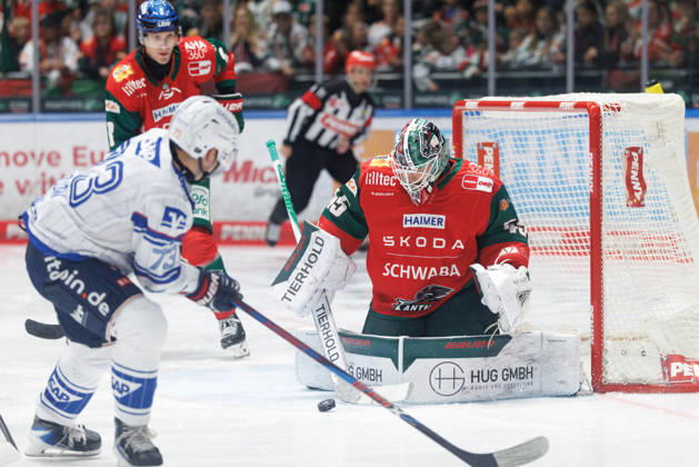 Tobias Ancicka, 45, of the Augsburger Panther during the game between the Augsburger Panther and Adler Mannheim, ice hockey, men s, DEL, 2026–2027, Matchday 9 on October 16, 2026, in Augsburg, Curt Frenzel Stadium, Bavaria, Germany