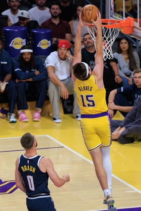 October 16, 2026, Los Angeles, California, USA: Austin Reaves 15 of the Los Angeles Lakers dunks the ball during a preseason NBA, Basketball Herren, USA game against the Denver Nuggets on Friday October 16, 2026 at Crypto.com Arena in Los Angeles, California. Lakers lose to Nuggets, 106-121. JAVIER ROJAS PI Lakers Vs. Nuggets - Preseason  - ZUMAp124 20261016_zaa_p124_046 Copyright: xJavierxRojasx
