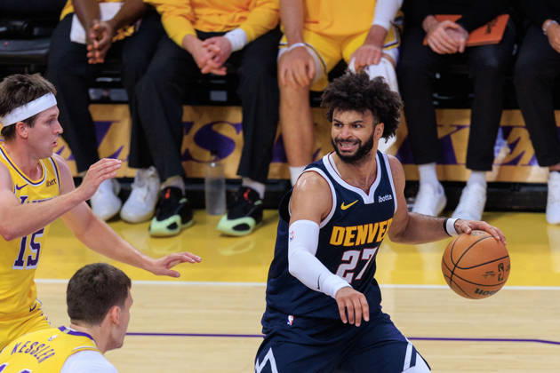 October 16, 2026, Los Angeles, California, USA: Jamal Murray 27 of the Denver Nuggets looks to pass during a preseason NBA, Basketball Herren, USA game against the Denver Nuggets on Friday October 16, 2026 at Crypto.com Arena in Los Angeles, California. Lakers lose to Nuggets, 106-121. JAVIER ROJAS PI Lakers Vs. Nuggets - Preseason  - ZUMAp124 20261016_zaa_p124_050 Copyright: xJavierxRojasx