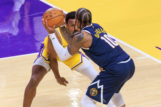 October 16, 2026, Los Angeles, California, USA: Bronny James 9 of the Los Angeles Lakers defends against DeMar DeRozan 10 of the Denver Nuggets during a preseason NBA, Basketball Herren, USA game on Friday October 16, 2026 at Crypto.com Arena in Los Angeles, California. Lakers lose to Nuggets, 106-121. JAVIER ROJAS PI Lakers Vs. Nuggets - Preseason  - ZUMAp124 20261016_zaa_p124_058 Copyright: xJavierxRojasx