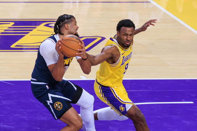 October 16, 2026, Los Angeles, California, USA: Bronny James 9 of the Los Angeles Lakers defends against DeMar DeRozan 10 of the Denver Nuggets during a preseason NBA, Basketball Herren, USA game on Friday October 16, 2026 at Crypto.com Arena in Los Angeles, California. Lakers lose to Nuggets, 106-121. JAVIER ROJAS PI Lakers Vs. Nuggets - Preseason  - ZUMAp124 20261016_zaa_p124_061 Copyright: xJavierxRojasx