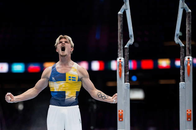 October 17, 2026: David Rumbutis of Sweden celebrates while competing in the men’s qualifying round on the first day of the 2026 Artistic Gymnastics World Championships on October 17, 2026 in Rotterdam. Photo by Joel Marklund, BILDBYRÅN, code JM JM0859. bbeng artistic gymnastics gymnastics world championships bbeng artistic gymnastics gymnastics world championships celebration Sweden celebrates  Copyright: JOELxMARKLUND BB261017JM018