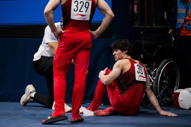 October 17, 2026: Savelii Sieedin of Russia is injured while competing in the men’s qualifying round on the first day of the 2026 Artistic Gymnastics World Championships on October 17, 2026 in Rotterdam. Photo by Joel Marklund, BILDBYRÅN, code JM JM0859. bbeng artistic gymnastics gymnastics world championships injury russia  Copyright: JOELxMARKLUND BB261017JM022