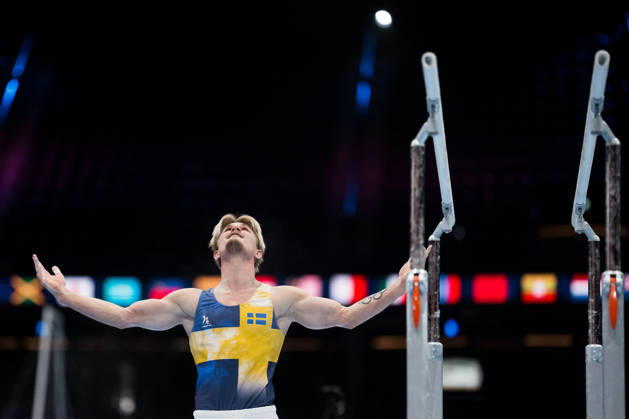 October 17, 2026: David Rumbutis of Sweden celebrates while competing in the men’s qualifying round on the first day of the 2026 Artistic Gymnastics World Championships on October 17, 2026 in Rotterdam. Photo by Joel Marklund, BILDBYRÅN, code JM JM0859. bbeng artistic gymnastics gymnastics world championships bbeng artistic gymnastics gymnastics world championships celebration Sweden celebrates  Copyright: JOELxMARKLUND BB261017JM023