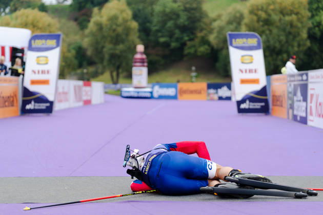 October 17, 2026, GER, Biathlon, Men, IBU Biathlon Loop One Festival 2026, 2026–2027 Season, Men’s Super Sprint Qualification: Tomas Mikyska (CZE), 25, exhausted at the finish line, Munich Olympic Park, Bavaria, Germany Copyright: xNordphoto Vux