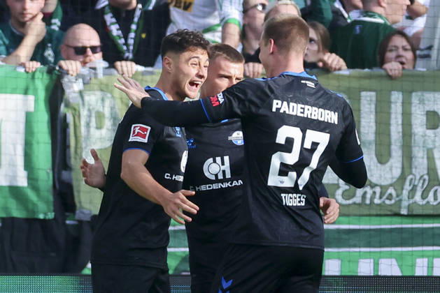 Stefano Marino of SC Paderborn 07 celebrates his goal with his teammates during the Bundesliga 1 match between SV Werder Bremen and SC Paderborn 07 at Weserstadion on October 17, 2026, in Bremen, Germany. Photo by Marco Steinbrenner, DeFodi Images. Stefano Marino of SC Paderborn 07 celebrates his goal with teammates during the Bundesliga match between SV Werder Bremen and SC Paderborn 07 at Weserstadion on October 17, 2026 in Bremen, Germany. Photo by Marco Steinbrenner, DeFodi Images. DFB and DFL regulations prohibit any use of photographs as image sequences and or quasi-video. Photo by Marco Steinbrenner, DeFodi Images.