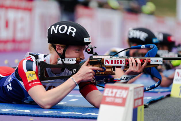 October 17, 2026, GER, Biathlon, Women, IBU Biathlon Loop One Festival 2026, 2026–2027 Season, Women’s Super Sprint Final: Maren Kirkeeide (NOR), 12 in the prone shooting stage, Munich Olympic Park, Bavaria, Germany Copyright: xNordphoto Vux