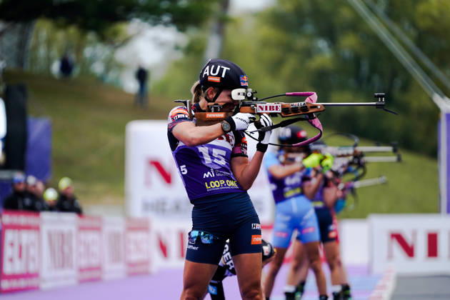 October 17, 2026, GER, Biathlon, Women, IBU Biathlon Loop One Festival 2026, 2026–2027 Season, Women’s Super Sprint Final: Anna Gandler (AUT), 15 in the standing shooting stage, Munich Olympic Park, Bavaria, Germany Copyright: xNordphoto Vux
