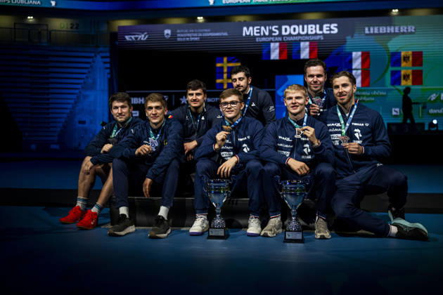 October 17, 2026: Kristian Karlsson and Anton Källberg of Sweden during the awards ceremony following the men’s doubles final on Day 7 of the European Table Tennis Championships on October 17, 2026 in Ljubljana. Photo by Martin Metelko, BILDBYRÅN COP 362 ME0002 table tennis pingis 2026 European Table Tennis Championship table tennis European Championships Day 7 men s doubles  Copyright: MARTINxMETELKO BB261017ZC046