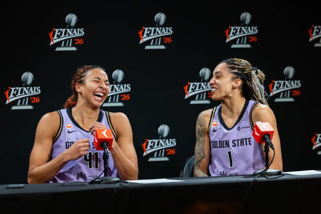 SAN FRANCISCO, CA - OCTOBER 17: Kiah Stokes 41 and Gabby Williams 1 of the Golden State Valkyries laugh at a press conference, PK, Pressekonferenz with the media after a win in Game One of the WNBA, Basketball Damen, USA Playoff Finals against the Atlanta Dream on October 17, 2026 at Chase Center in San Francisco, CA. (Photo by Matthew Huang Icon Sportswire) WNBA: OCT 17 Finals Atlanta Dream at Golden State Valkyries EDITORIAL USE ONLY Icon261017034