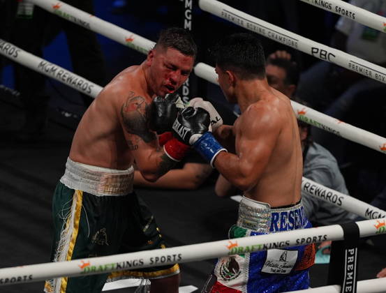 BOXING: Armando Resendiz vs Koen Mazoudier in Las Vegas LAS VEGAS, NEVADA - OCTOBER 17: Armando Resendiz (in blue short) and Koen Mazoudier (in green short) exchange punches during their super middleweight fight on Saturday night at the Chelsea of The Cosmopolitan in Las Vegas, Nevada, United States on October 17, 2026. Tayfun Coskun Anadolu Nevada United States. Editorial use only. Please get in touch for any other usage.  Copyright: x2026xAnadoluxTayfunxCoskunx