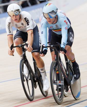 German Tim Torn Teutenberg and Belgian Jules Hesters pictured during the Men™s Elimination Race event at the UCI Track cycling, Rad, Radsport, Bahnrad, Bahn World Championships in Shanghai, China on Sunday 18 October 2026. The worlds are taking place from 14 to 18 October 2026. BENOITxDOPPAGNE  x190175722x