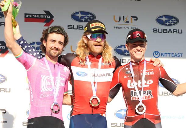 October 18, 2026, Utsunomiya, Japan - (L-R) Irish cyclist Ben Healey of EF Education - Easy Post, American Quinn Simmons of Lidl-Trek and Belgian Jenno Berckmoes of Lotto Intermarche pose for photo at the Utsunomiya Japan Cup Cycle Road Race in Utsunomiya, 100km north of Tokyo on Sunday, October 18, 2026. Simmons won the 144km race, Healey finished the runner-up and Berckmoes finished the second runner-up. (photo by Yoshio Tsunoda AFLO) Noxthirdxpartyxsales  0869825640st YoshioxTsunodax