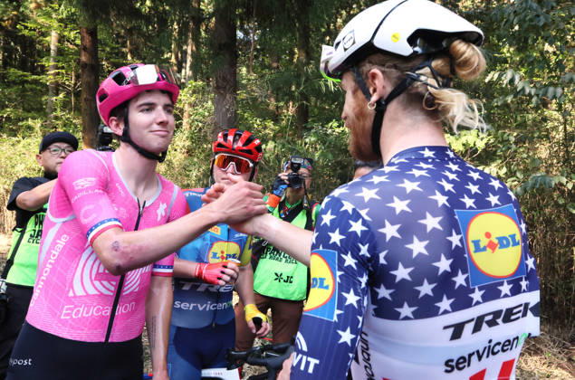 October 18, 2026, Utsunomiya, Japan - American cyclist Quinn Simmons (R) of Lidl-Trek is celebrated from his younger brother Sean Simmons (L) of EF Education - Eastpost after the Utsunomiya Japan Cup Cycle Road Race in Utsunomiya, 100km north of Tokyo on Sunday, October 18, 2026. Quinn Simmons won the 144km race and Sean finished the 16th. (photo by Yoshio Tsunoda AFLO) Noxthirdxpartyxsales  0869825643st YoshioxTsunodax