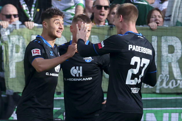 Stefano Marino of SC Paderborn 07 celebrates his goal—making the score 0–1—with Steffen Tigges of SC Paderborn 07 during the Bundesliga 1 match between SV Werder Bremen and SC Paderborn 07, Weserstadion on October 17, 2026, in Bremen, Germany. Photo by Marco Steinbrenner, DeFodi Images. Stefano Marino of SC Paderborn 07 celebrates after scoring his team’s first goal with Steffen Tigges of SC Paderborn 07 during the Bundesliga match between SV Werder Bremen and SC Paderborn 07 at Weserstadion on October 17, 2026 in Bremen, Germany. Photo by Marco Steinbrenner, DeFodi Images. DFB and DFL regulations prohibit any use of photographs as image sequences and or quasi-video. Photo by Marco Steinbrenner, DeFodi Images.