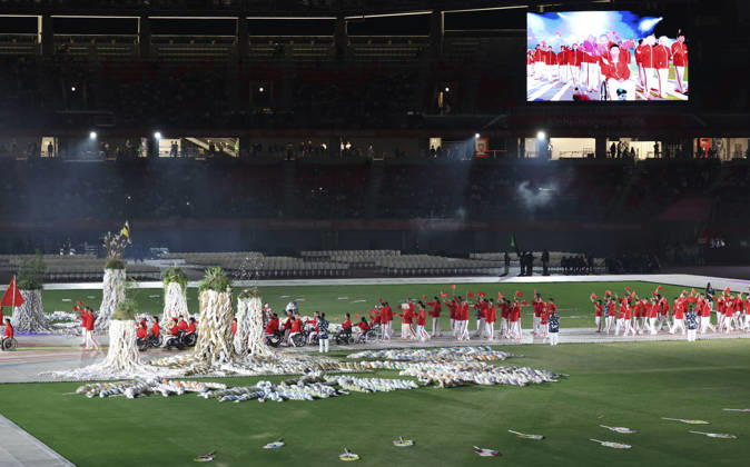 (261018) -- NAGOYA, Oct. 18, 2026 -- The delegation of China parades into the stadium during the opening ceremony of the Aichi-Nagoya Asian Para Games in Nagoya, Japan, Oct. 18, 2026. ) (SP)JAPAN-NAGOYA-ASIAN PARA GAMES-OPENING CEREMONY YaoxQilin