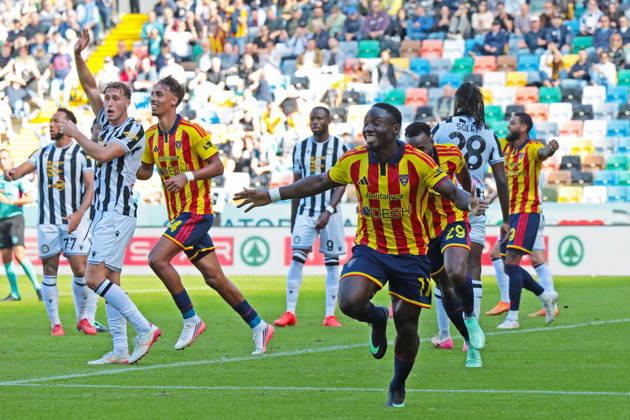 Lecce’s konan n dri celebrates after scoring the 2-0 goal for his team during the Serie A soccer match between Udinese and Lecce at the Friuli Stadium in Udine, north east Italy - October 18, 2026. - Soccer  Copyright: xAndreaxBressanutti LaPressex