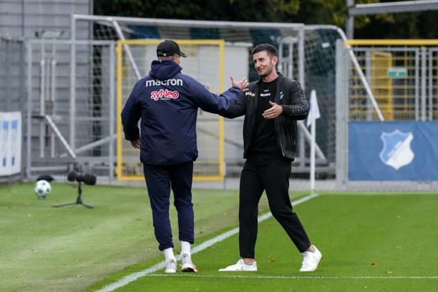 From left: Stefan Kleineheismann, coach, head coach, TSG II; Orest Shala, coach, head coach, SC Verl; during the pre-game greeting; both coaches greet each other; action; October 18, 2026, Sinsheim, Germany, soccer, 3rd Division, TSG 1899 Hoffenheim II vs. SC Verl, DFB and DFL regulations prohibit any use of photographs as image sequences and or quasi-video xozx