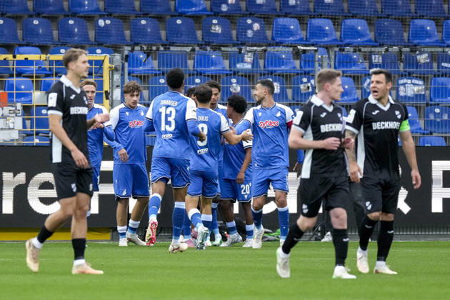 Players from TSG 1899 Hoffenheim II U23 celebrate the 1-0 goal, Celebration, goal celebration, goal scored, celebrating the goal, goal, celebration, cheering the goal, joy, happiness, happy, optimistic, positive, game scene, highlight, action, 18 10 2026, Sinsheim, Germany, soccer, 3. Liga, TSG 1899 Hoffenheim II vs. SC Verl, DFB and DFL regulations prohibit any use of photographs as image sequences and or quasi-video xozx