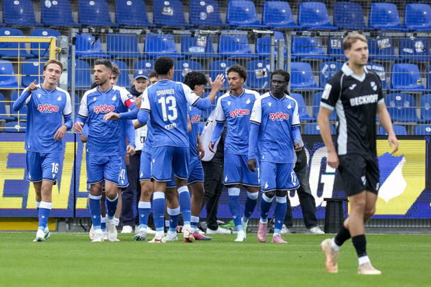 Players from TSG 1899 Hoffenheim II U23 celebrate the 1-0 goal, Celebration, goal celebration, goal scored, celebrating the goal, goal, celebration, cheering the goal, joy, happiness, happy, optimistic, positive, game scene, highlight, action, 18 10 2026, Sinsheim, Germany, soccer, 3. Liga, TSG 1899 Hoffenheim II vs. SC Verl, DFB and DFL regulations prohibit any use of photographs as image sequences and or quasi-video xozx